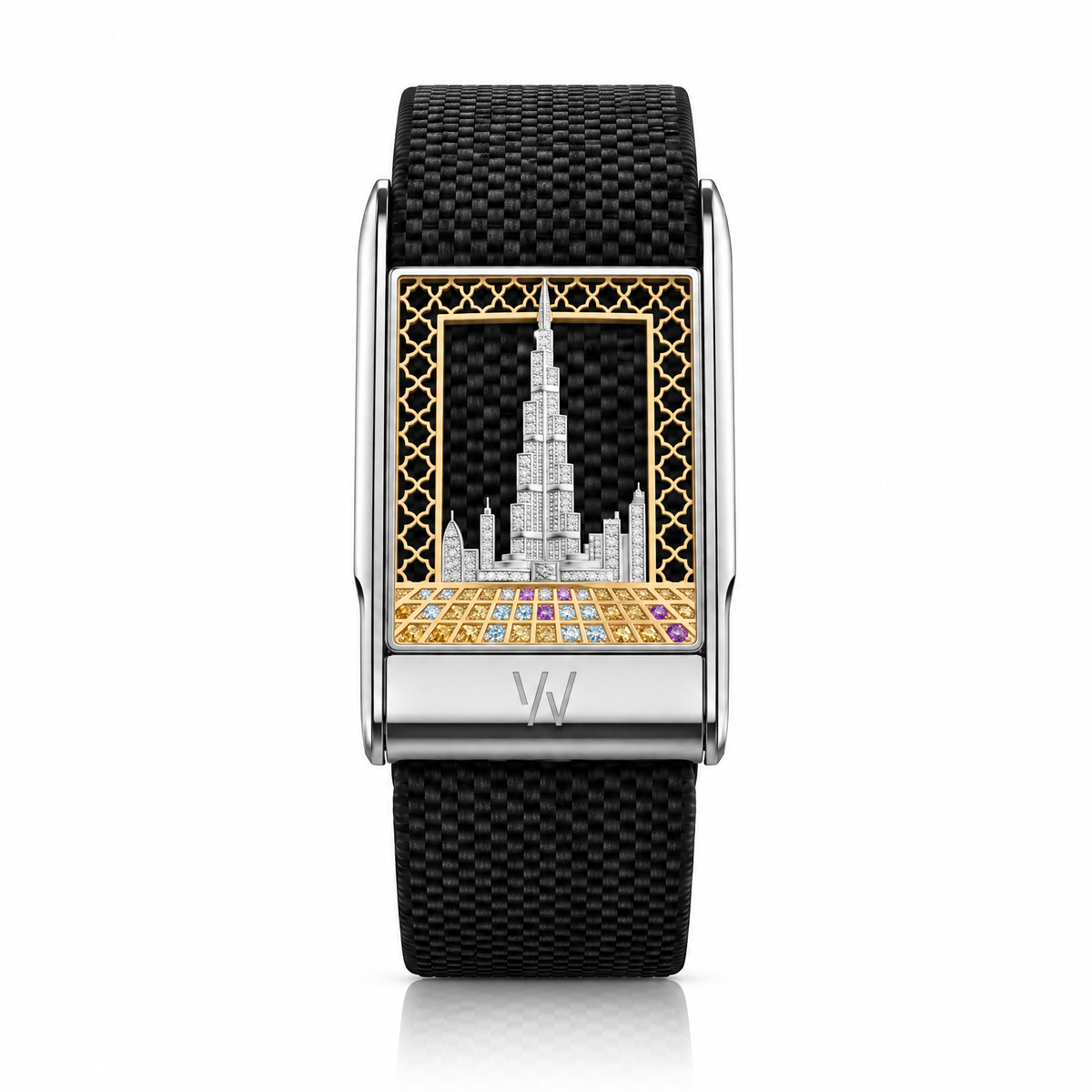 Gold City Skyline Diamond WHOOP 5.0 case set with moissanite – angle view – Zius Jewels