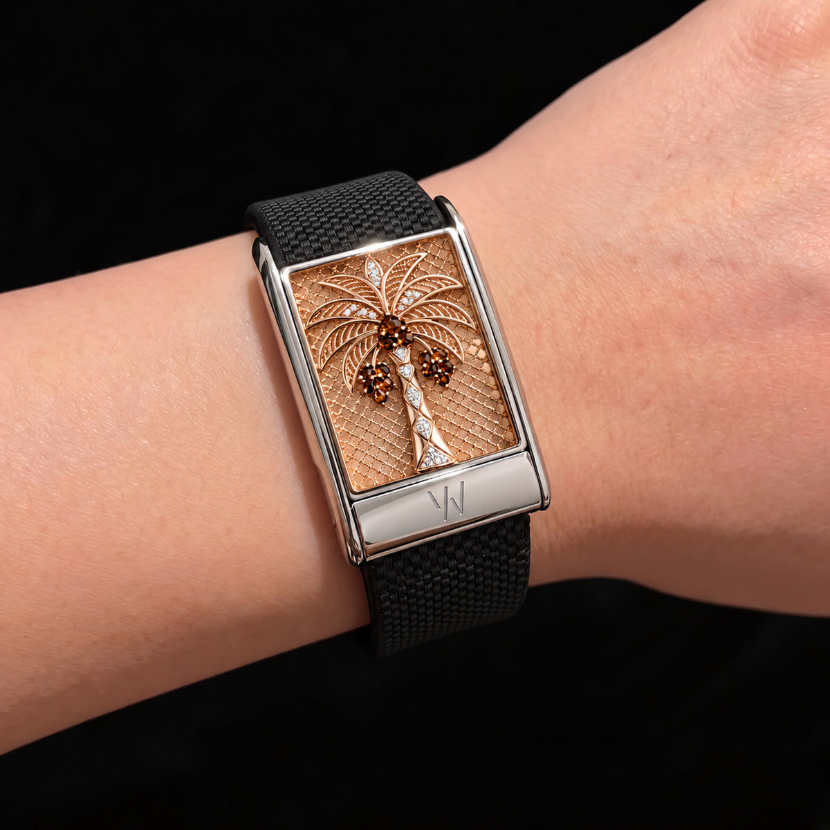 Rose Gold Palm Tree Diamond WHOOP 5.0 case set with moissanite – front view – Zius Jewels
