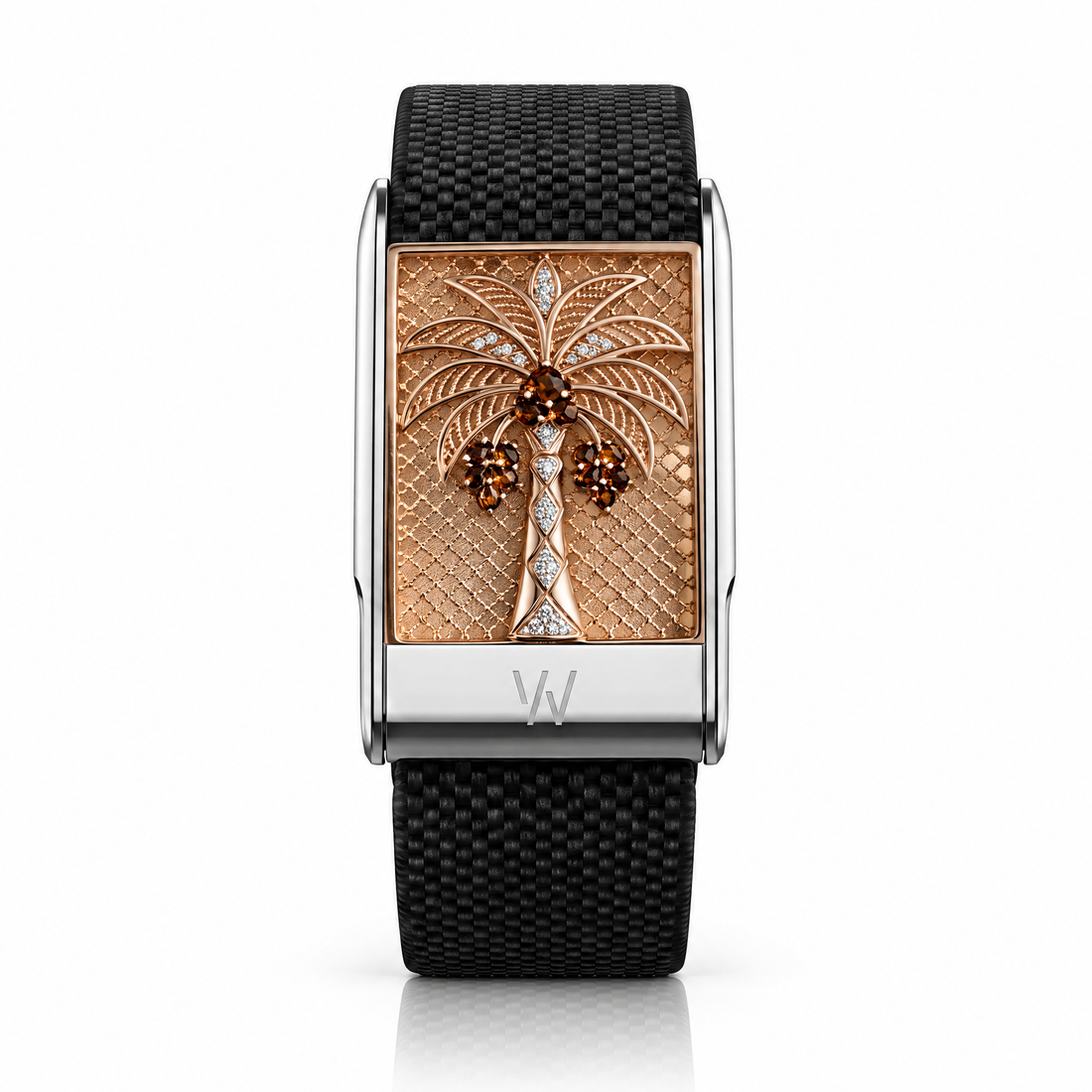 Rose Gold Palm Tree Diamond WHOOP 5.0 case set with moissanite – angle view – Zius Jewels