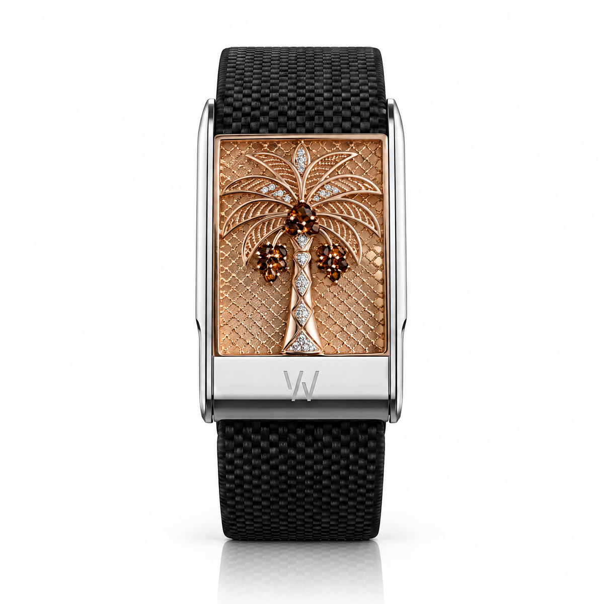 Rose Gold Palm Tree Diamond WHOOP 5.0 case set with moissanite – angle view – Zius Jewels