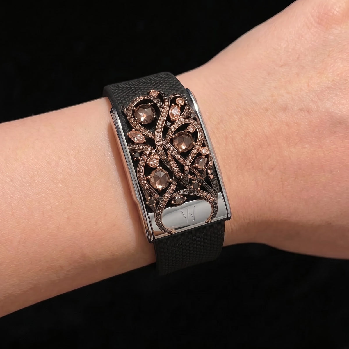 Rose Gold Swirl Vine Diamond WHOOP 5.0 case set with moissanite – front view – Zius Jewels