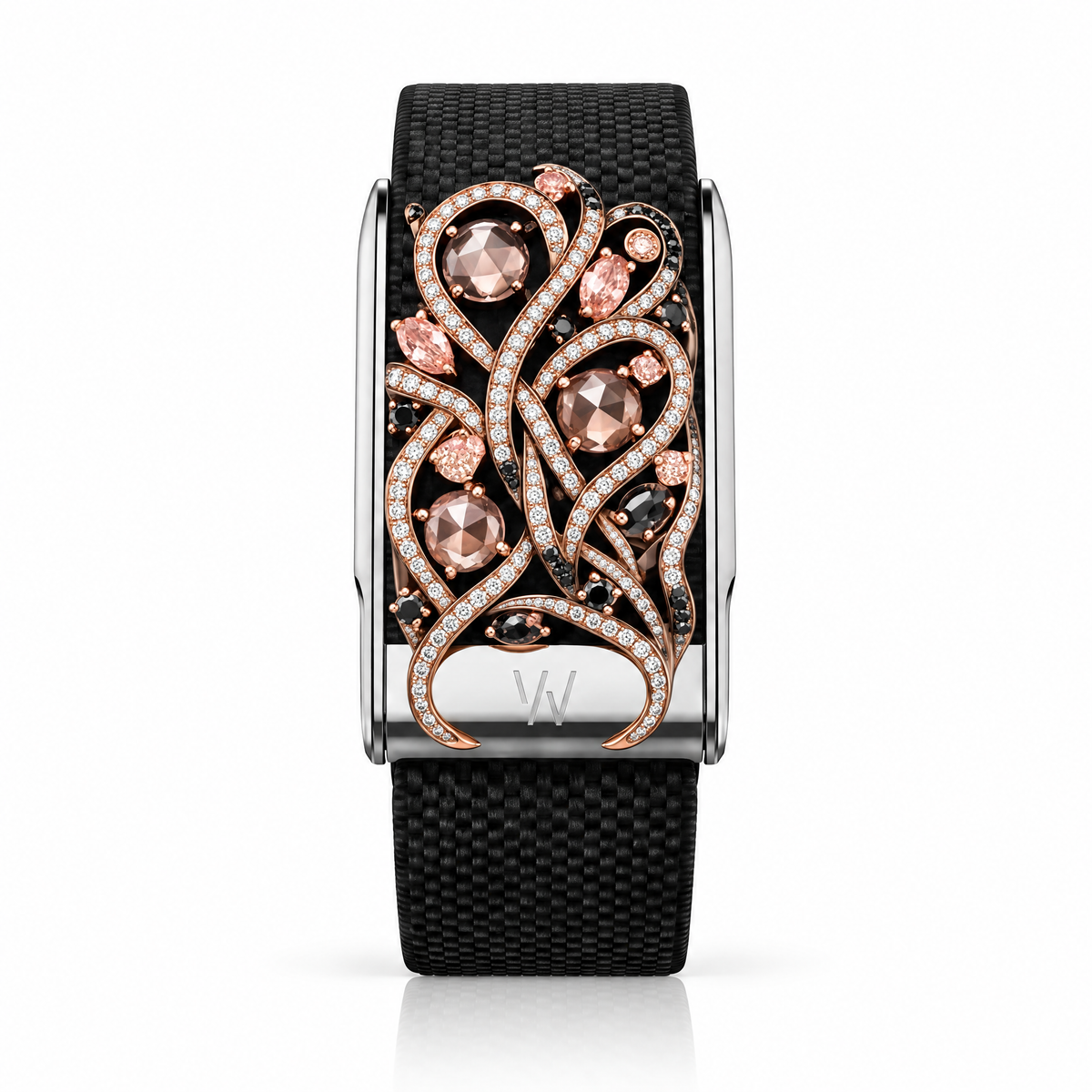 Rose Gold Swirl Vine Diamond WHOOP 5.0 case set with moissanite – angle view – Zius Jewels