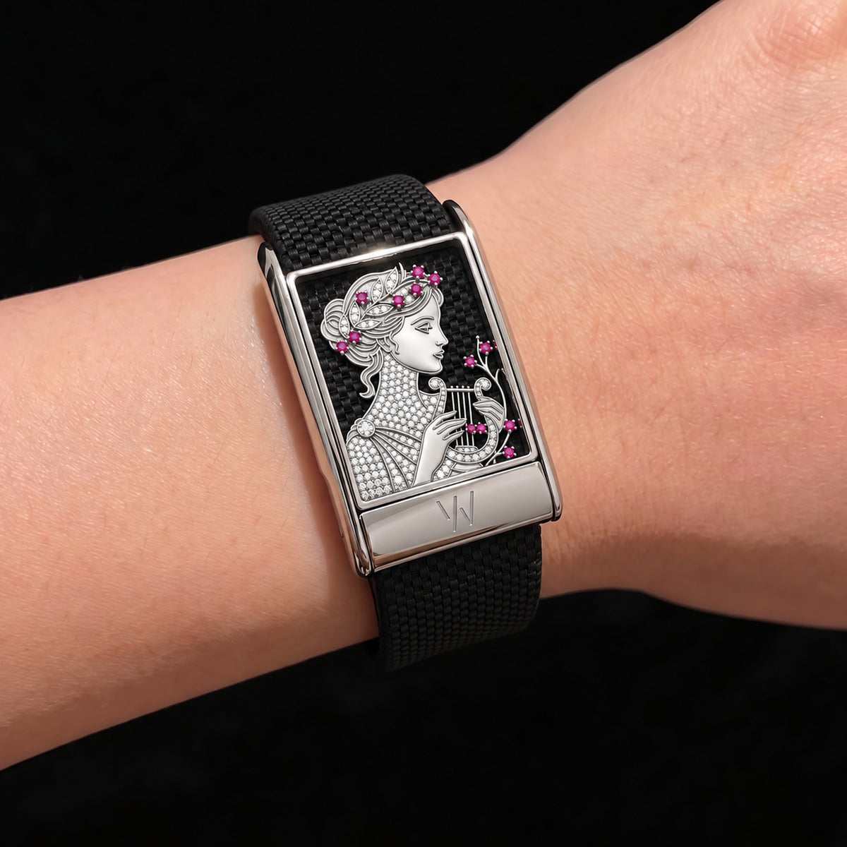 Floral Lady Portrait Diamond WHOOP 5.0 case set with moissanite – front view – Zius Jewels
