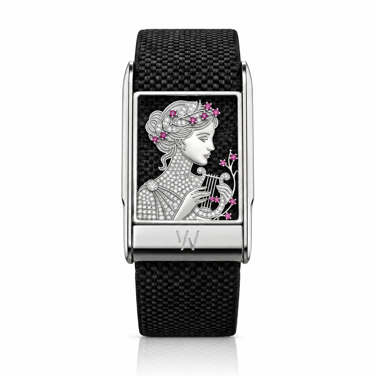 Floral Lady Portrait Diamond WHOOP 5.0 case set with moissanite – angle view – Zius Jewels