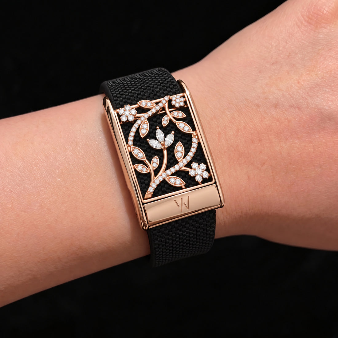 Rose Gold Leaf Branch Diamond WHOOP 5.0 case set with moissanite – angle view – Zius Jewels