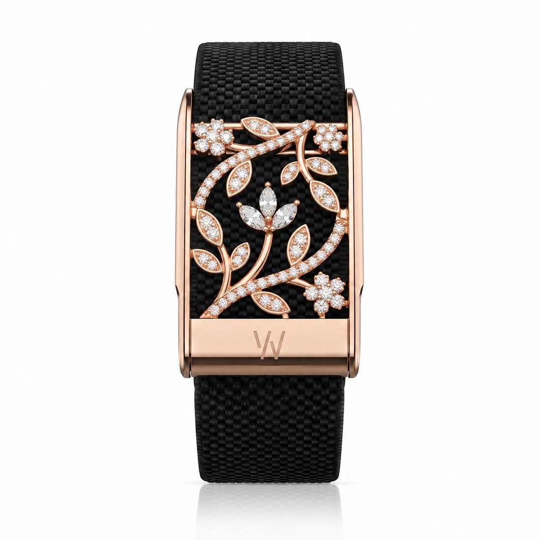 Rose Gold Leaf Branch Diamond WHOOP 5.0 case set with moissanite – angle view – Zius Jewels