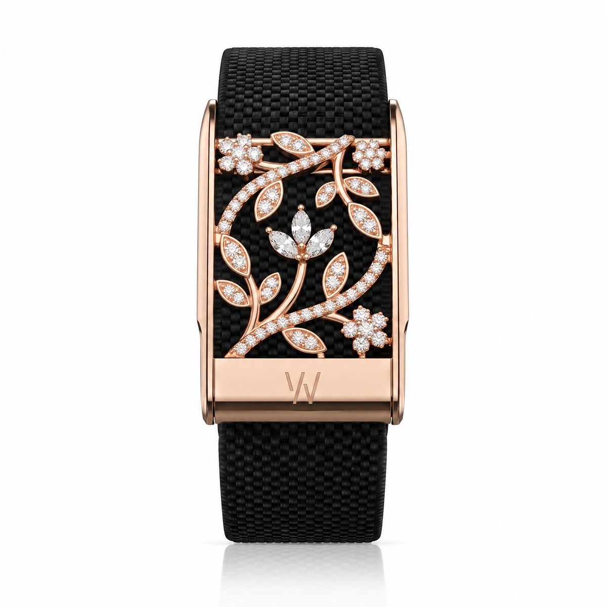 Rose Gold Leaf Branch Diamond WHOOP 5.0 case set with moissanite – angle view – Zius Jewels