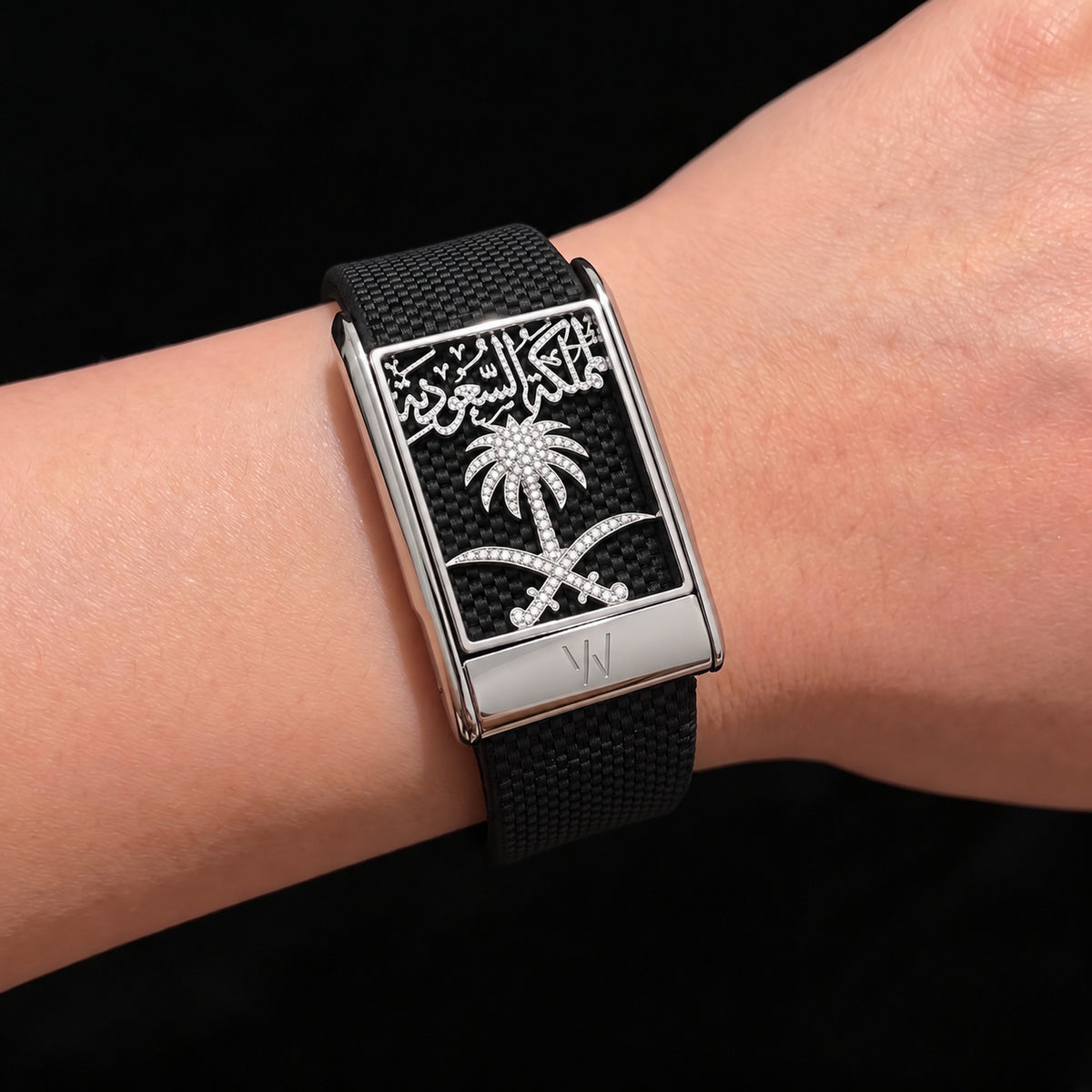 Palm & Swords Arabic Calligraphy Diamond WHOOP 5.0 case set with moissanite – front view – Zius Jewels