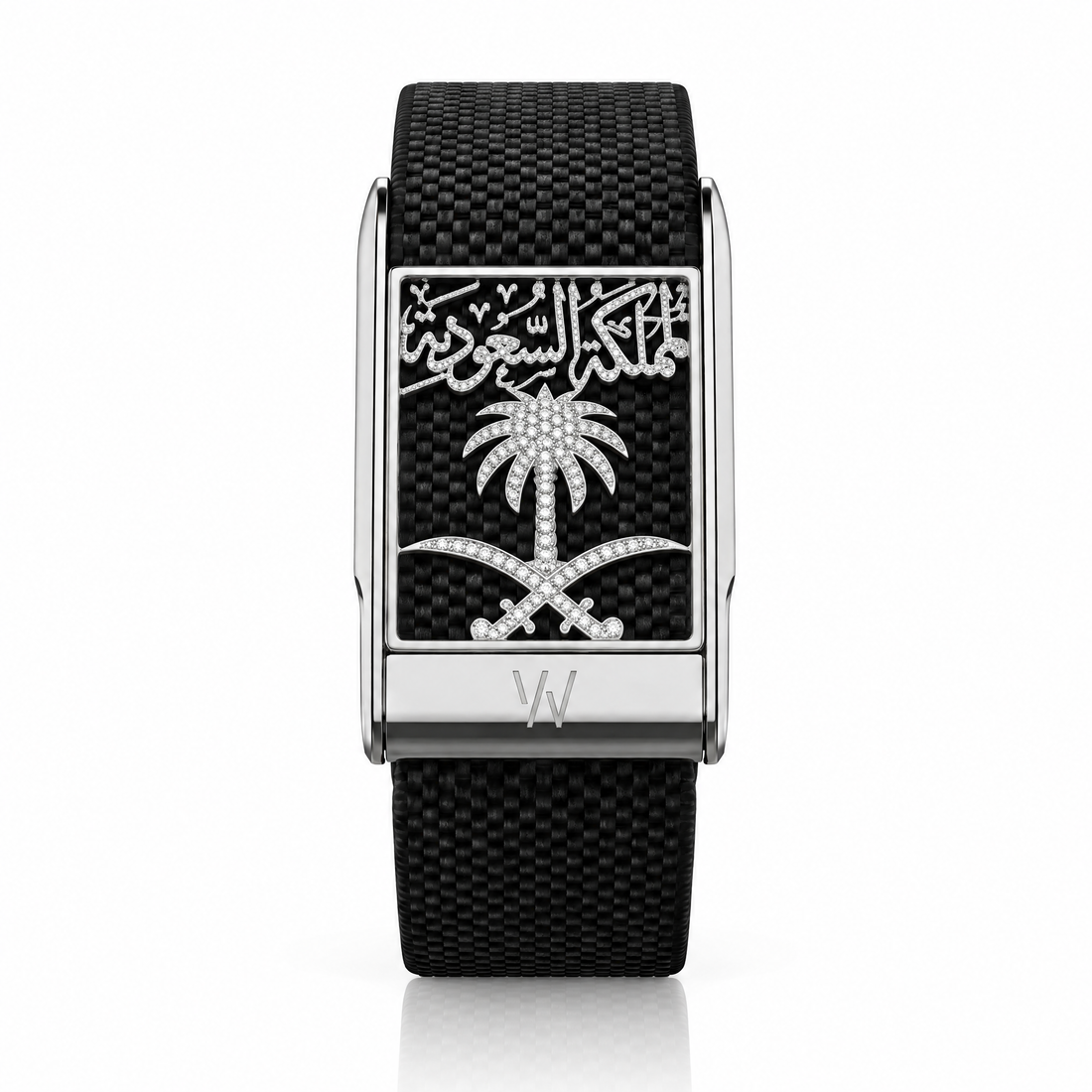 Palm & Swords Arabic Calligraphy Diamond WHOOP 5.0 case set with moissanite – angle view – Zius Jewels