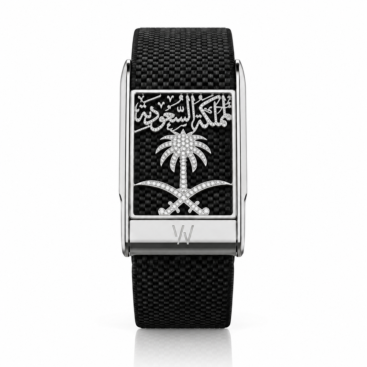 Palm & Swords Arabic Calligraphy Diamond WHOOP 5.0 case set with moissanite – angle view – Zius Jewels