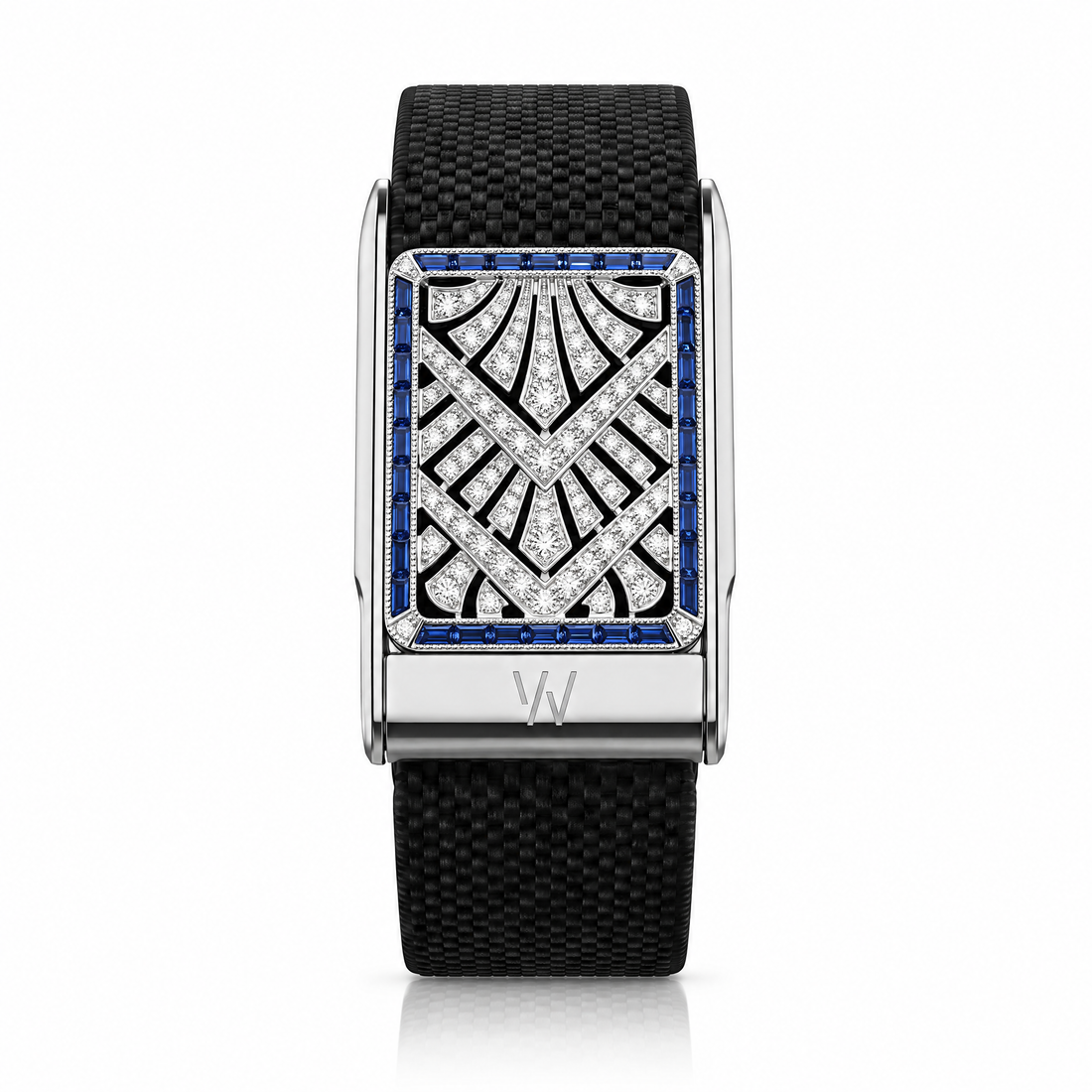 Art Deco Sapphire Fan Diamond WHOOP 5.0 case set with moissanite – angle view – Zius Jewels