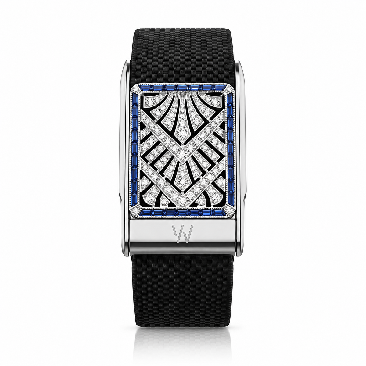 Art Deco Sapphire Fan Diamond WHOOP 5.0 case set with moissanite – angle view – Zius Jewels