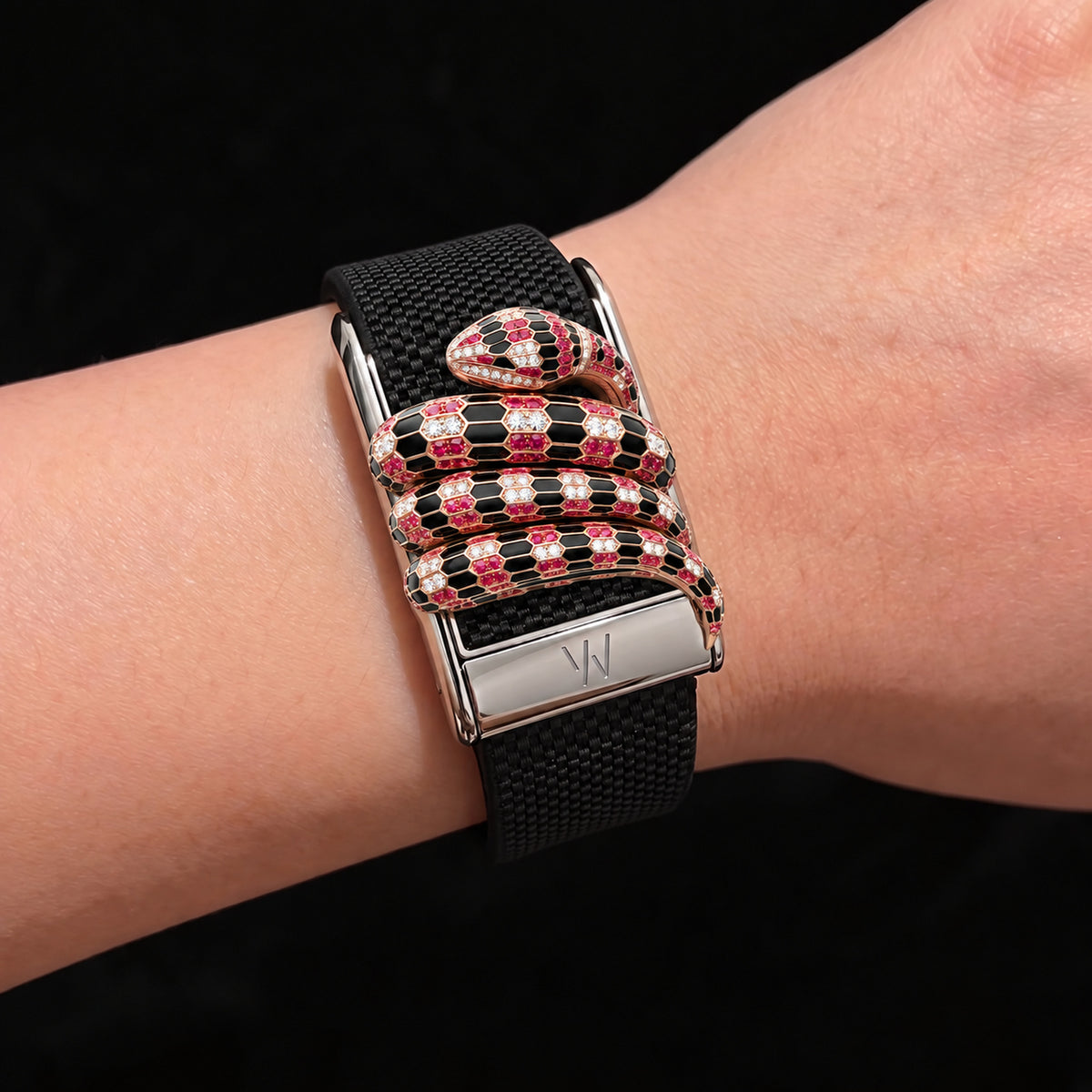 Red Coiled Snake Diamond WHOOP 5.0 case set with moissanite – front view – Zius Jewels
