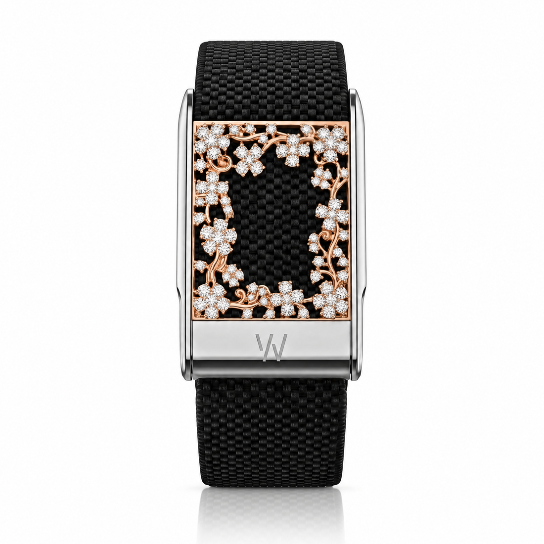 Rose Gold Flower Frame Diamond WHOOP 5.0 case set with moissanite – angle view – Zius Jewels