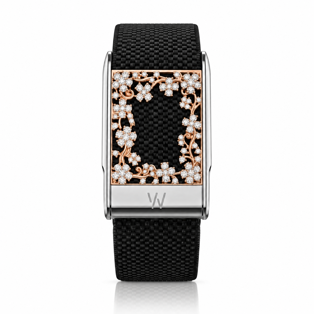 Rose Gold Flower Frame Diamond WHOOP 5.0 case set with moissanite – angle view – Zius Jewels
