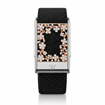 Rose Gold Flower Frame Diamond WHOOP 5.0 case set with moissanite – angle view – Zius Jewels