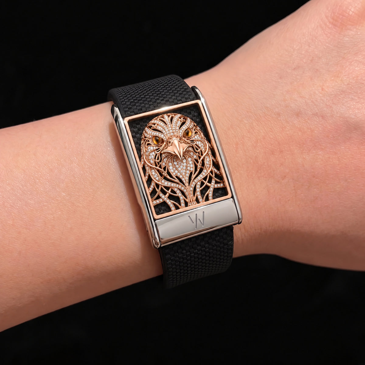 Rose Gold Eagle Diamond WHOOP 5.0 case set with moissanite – front view – Zius Jewels