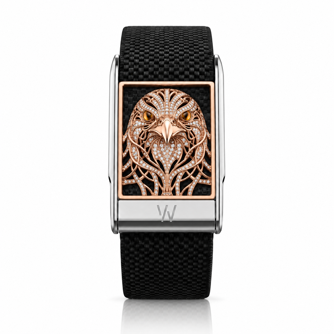 Rose Gold Eagle Diamond WHOOP 5.0 case set with moissanite – angle view – Zius Jewels