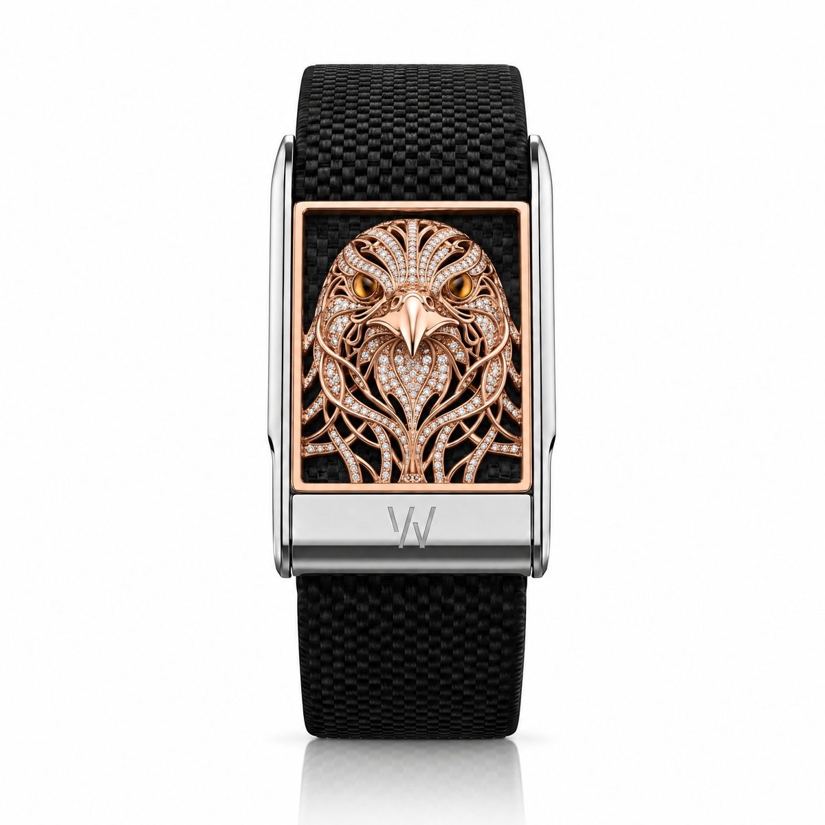 Rose Gold Eagle Diamond WHOOP 5.0 case set with moissanite – angle view – Zius Jewels
