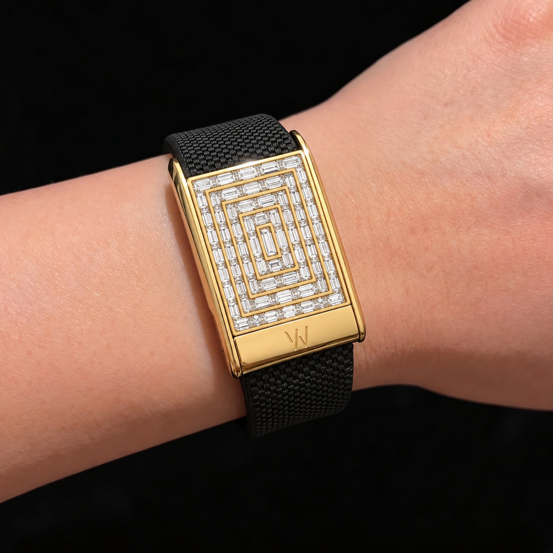 Yellow Gold Baguette Diamond WHOOP 5.0 case set with moissanite – angle view – Zius Jewels
