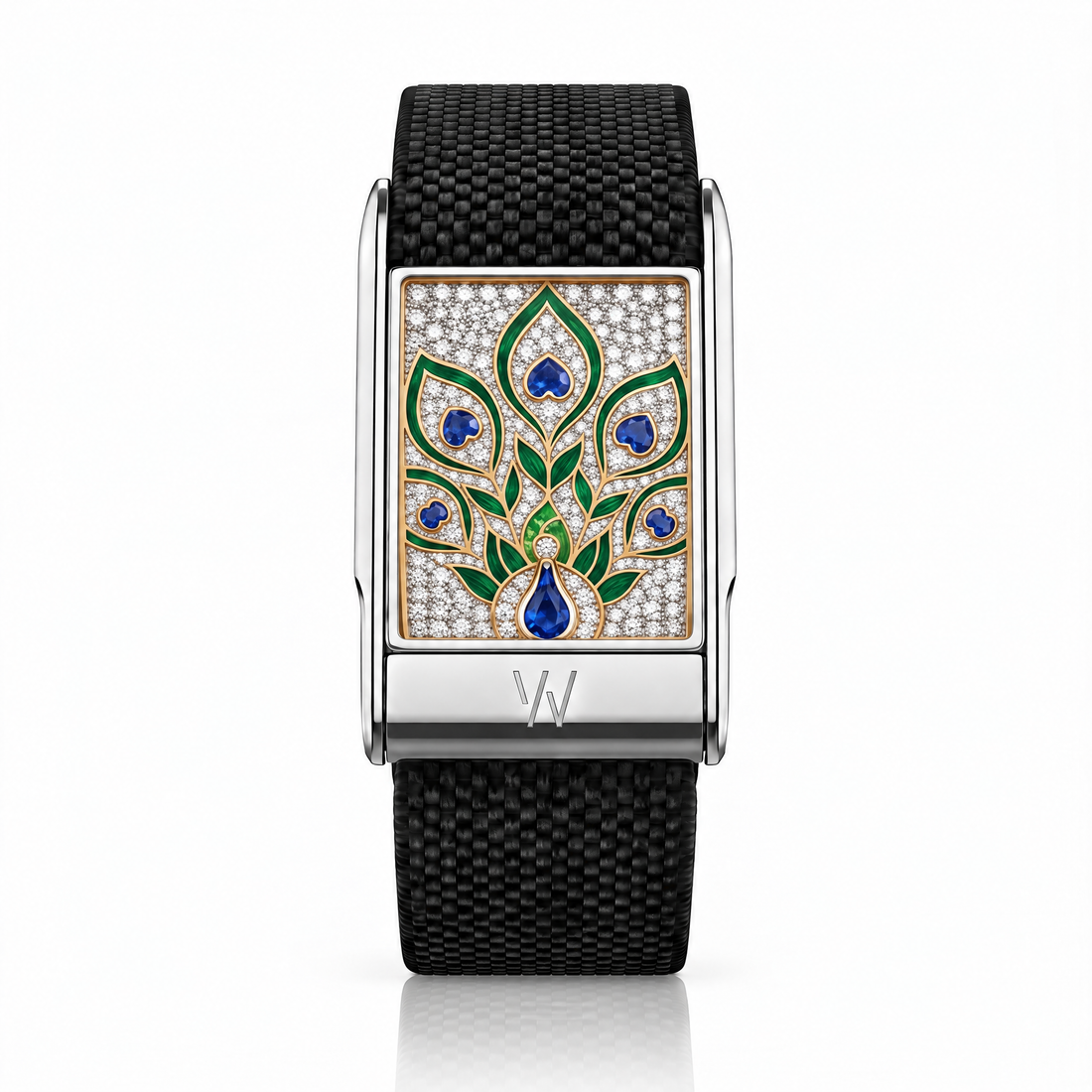 Peacock Feather Diamond WHOOP 5.0 case set with moissanite – angle view – Zius Jewels