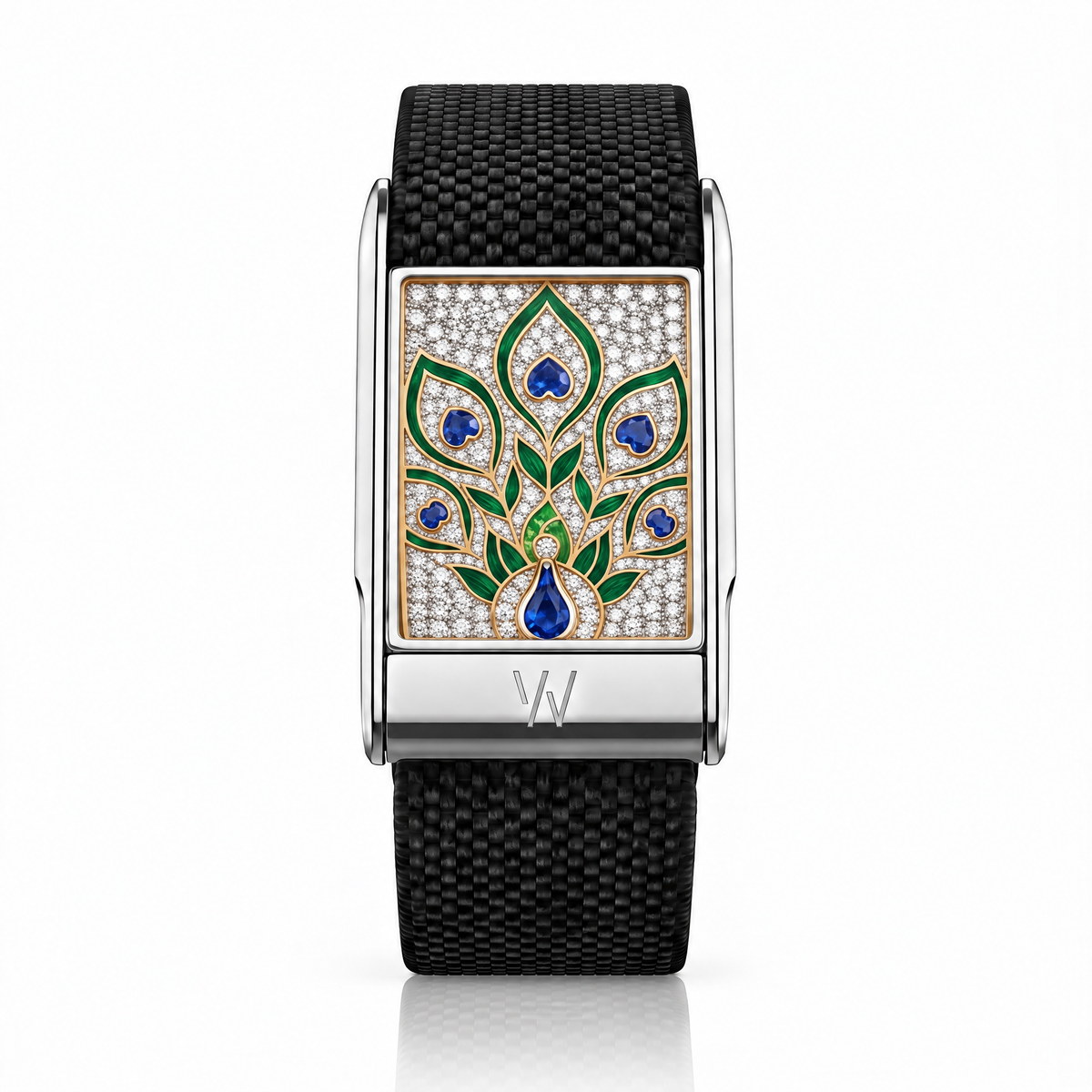 Peacock Feather Diamond WHOOP 5.0 case set with moissanite – angle view – Zius Jewels