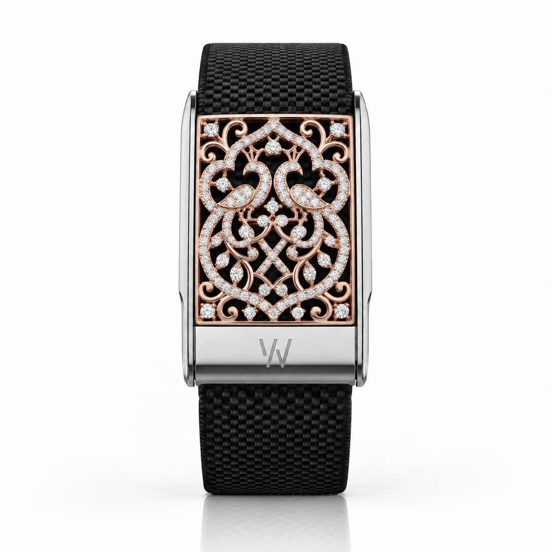 Rose Gold Arabesque Diamond WHOOP 5.0 case set with moissanite – angle view – Zius Jewels