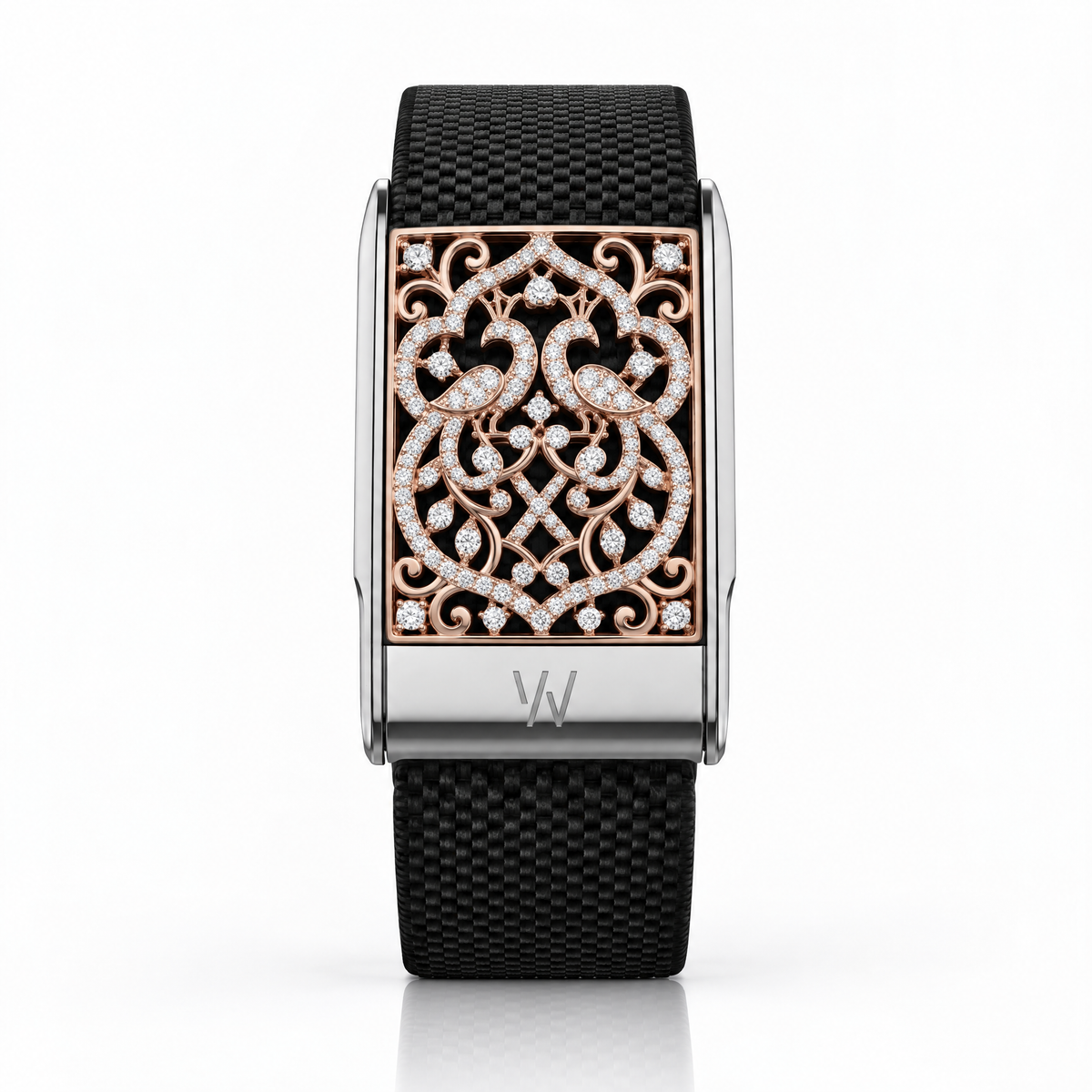 Rose Gold Arabesque Diamond WHOOP 5.0 case set with moissanite – angle view – Zius Jewels