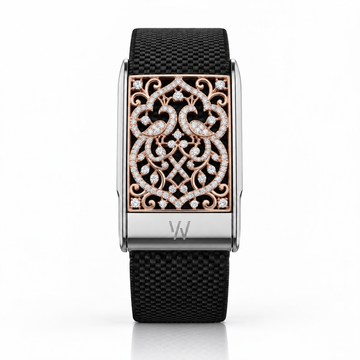 Rose Gold Arabesque Diamond WHOOP 5.0 case set with moissanite – angle view – Zius Jewels