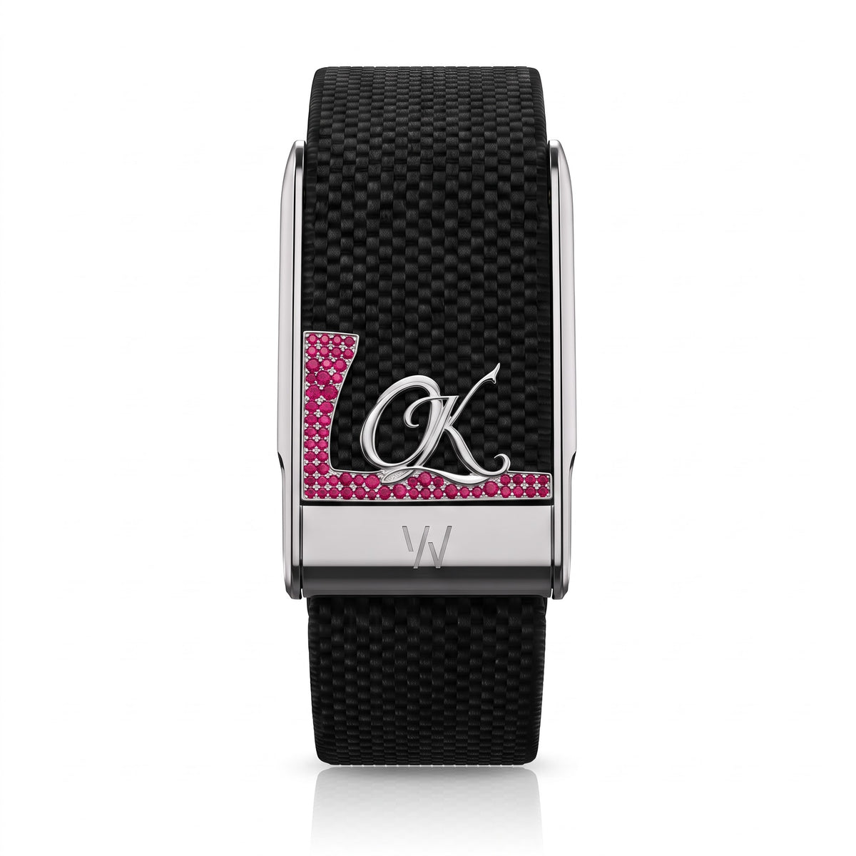 Pink Script Initial K Diamond WHOOP 5.0 case set with moissanite – angle view – Zius Jewels