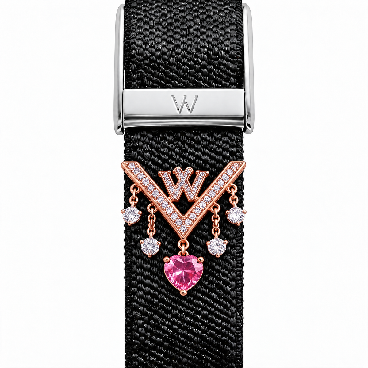 Pink Heart Monogram Cascade WHOOP charm – moissanite / lab-grown diamond strap charm for WHOOP 5.0 by Zius Jewels